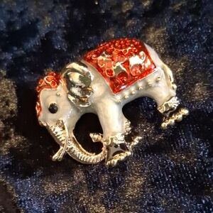 Gold and Red & Gray Enamel Elephant Brooch.